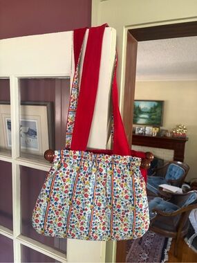 VINTAGE Floral Stripe Quilted Tote Bag with Red Corduroy Handles
